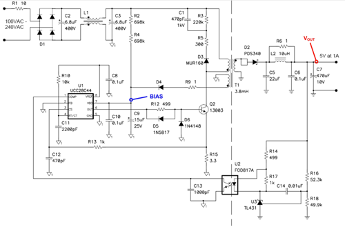 这种5V/5W反向通过限制峰值变压器电流实现功率限制