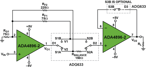 利用ADA4896-2和ADG633构建低噪声增益可选放大器来驱动低阻负载